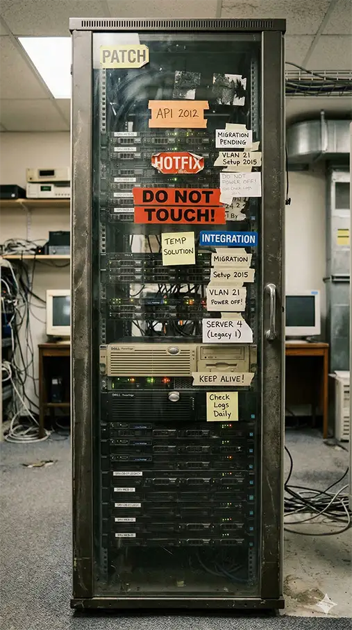 An outdated server room environment with maintenance notes attached to the rack door